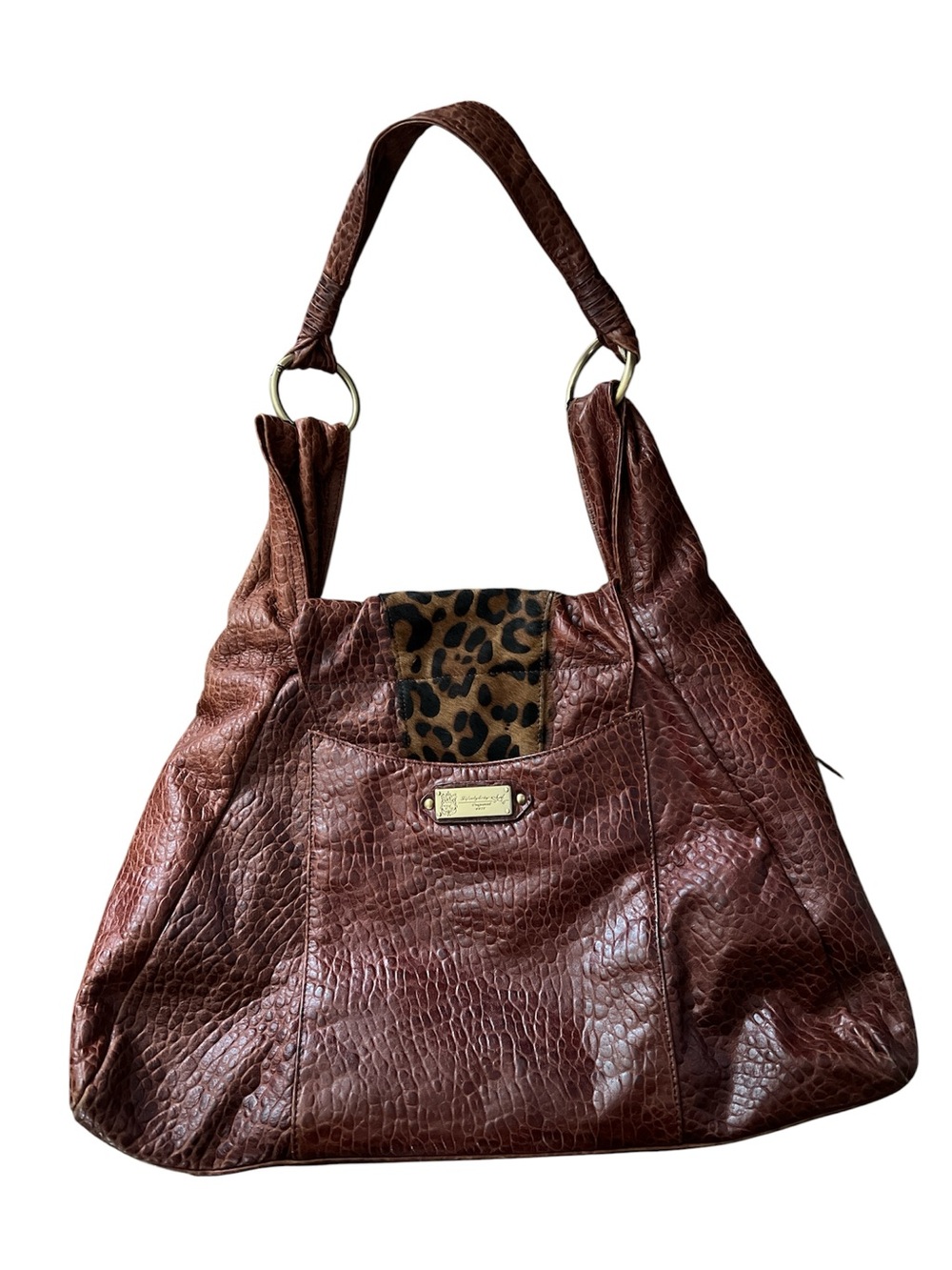 Sharif Brown Leather Hobo Bag with Leopard Accent - Picture 2 of 3